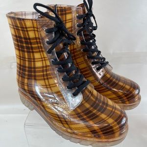 Henry Ferrera brown gold plaid ankle rain boots 9